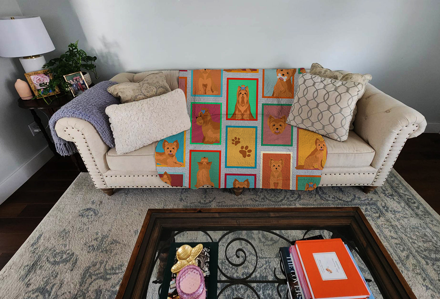 Lots of Red Yorkie Quilted Blanket 50x60 Artwork Pattern Quilted Throw Blanket for Bed, Couch, Sofa, Soft and Lightweight
