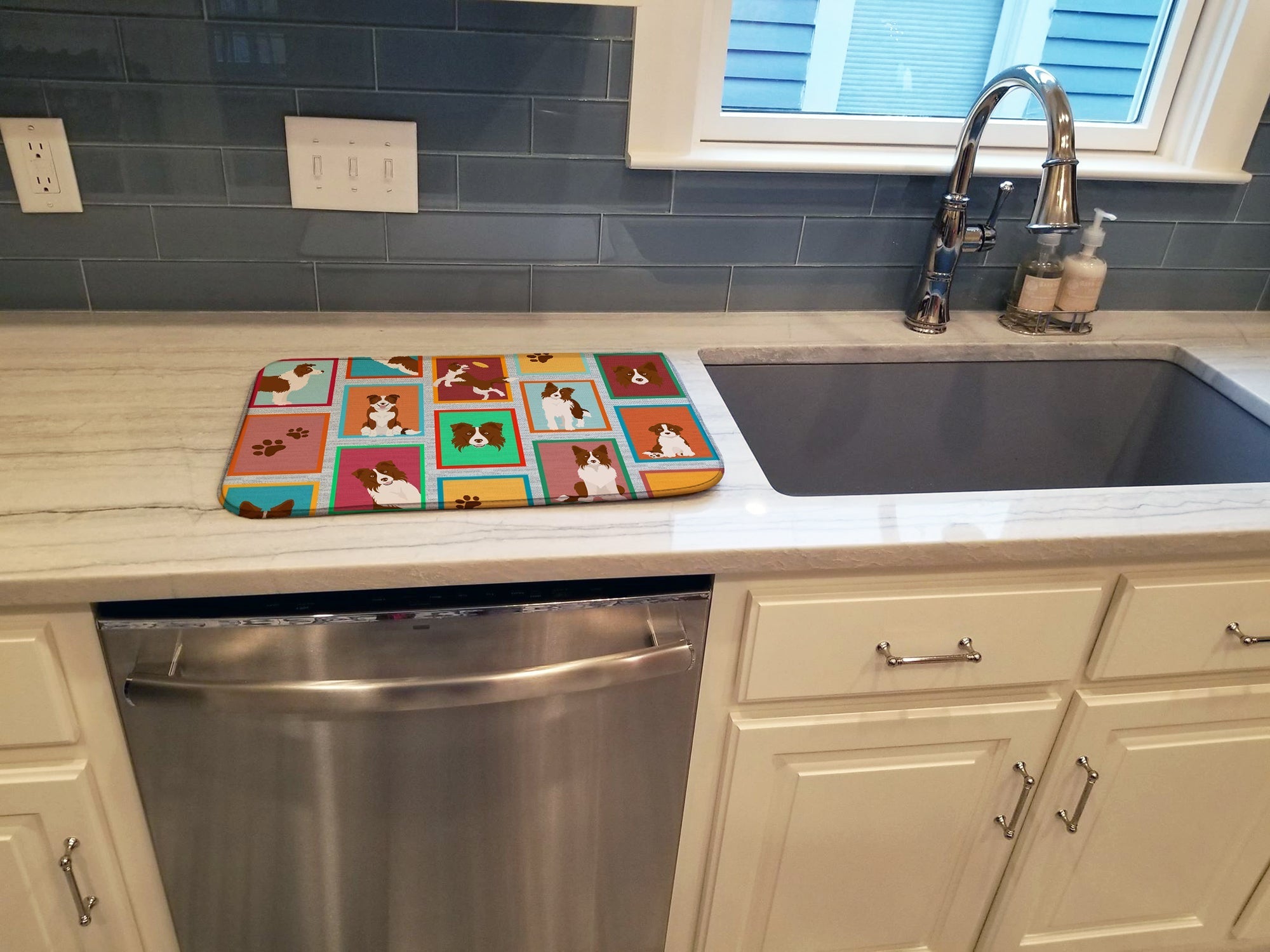 Lots of Red Border Collie Dish Drying Mat Absorbent Dish Drying Mat Pad for Kitchen Counter Dish Drainer Mat for Countertop, 14 x 21", Multicolor