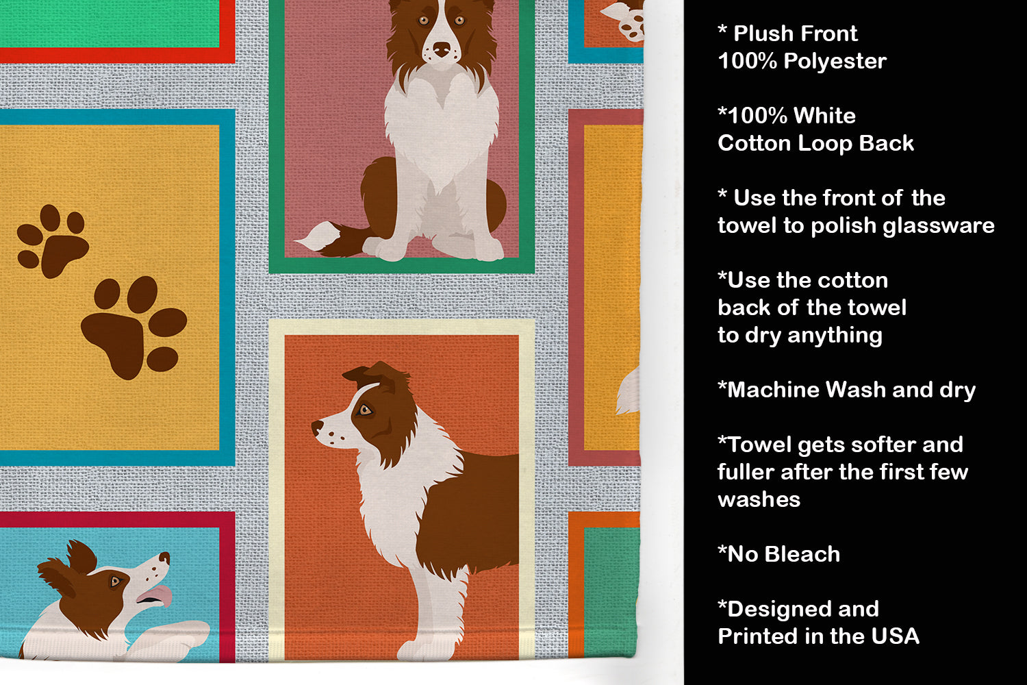 Lots of Red Border Collie Kitchen Towel Velour Plush Front and Cotton Loop Back Machine Washable