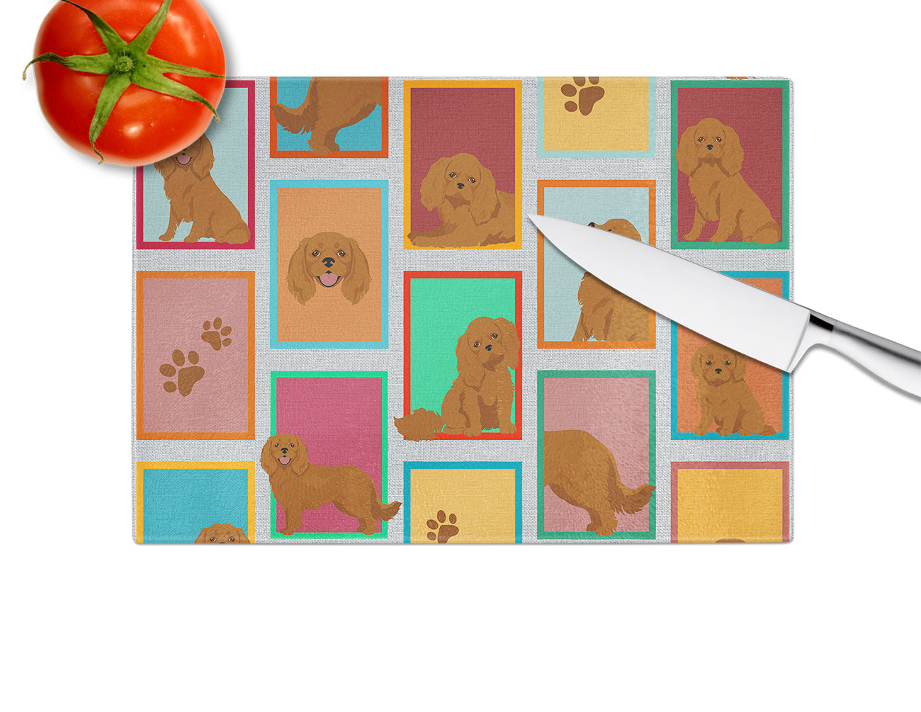 Lots of Ruby Cavalier Spaniel Cutting Board Tempered Glass Kitchen Cutting Surface, Heat Resistant Chopping, Non-Slip Feet, Food Prep & Serving
