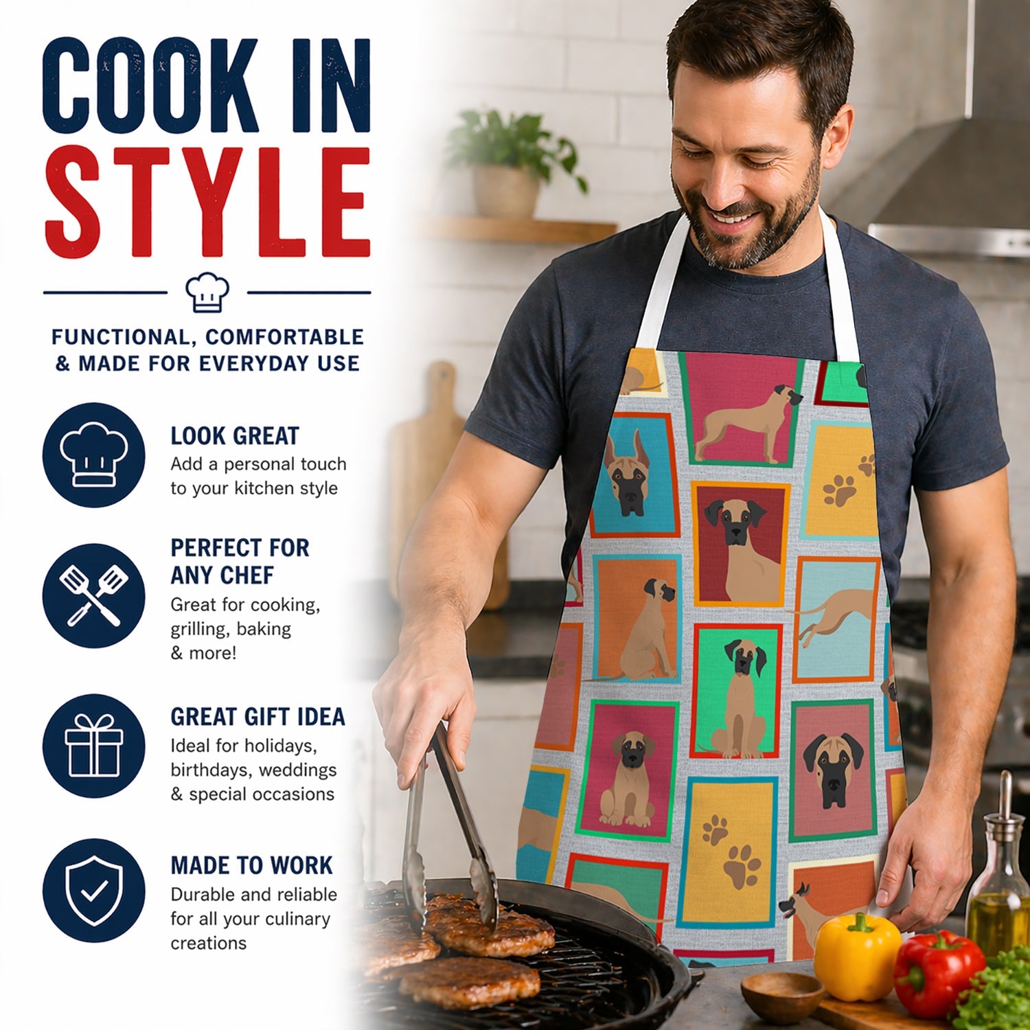 Lots of Fawn Great Dane Apron Cooking Kitchen Server Baking Crafts Gardening for Adult Women Men, Unisex, Large, Multicolor