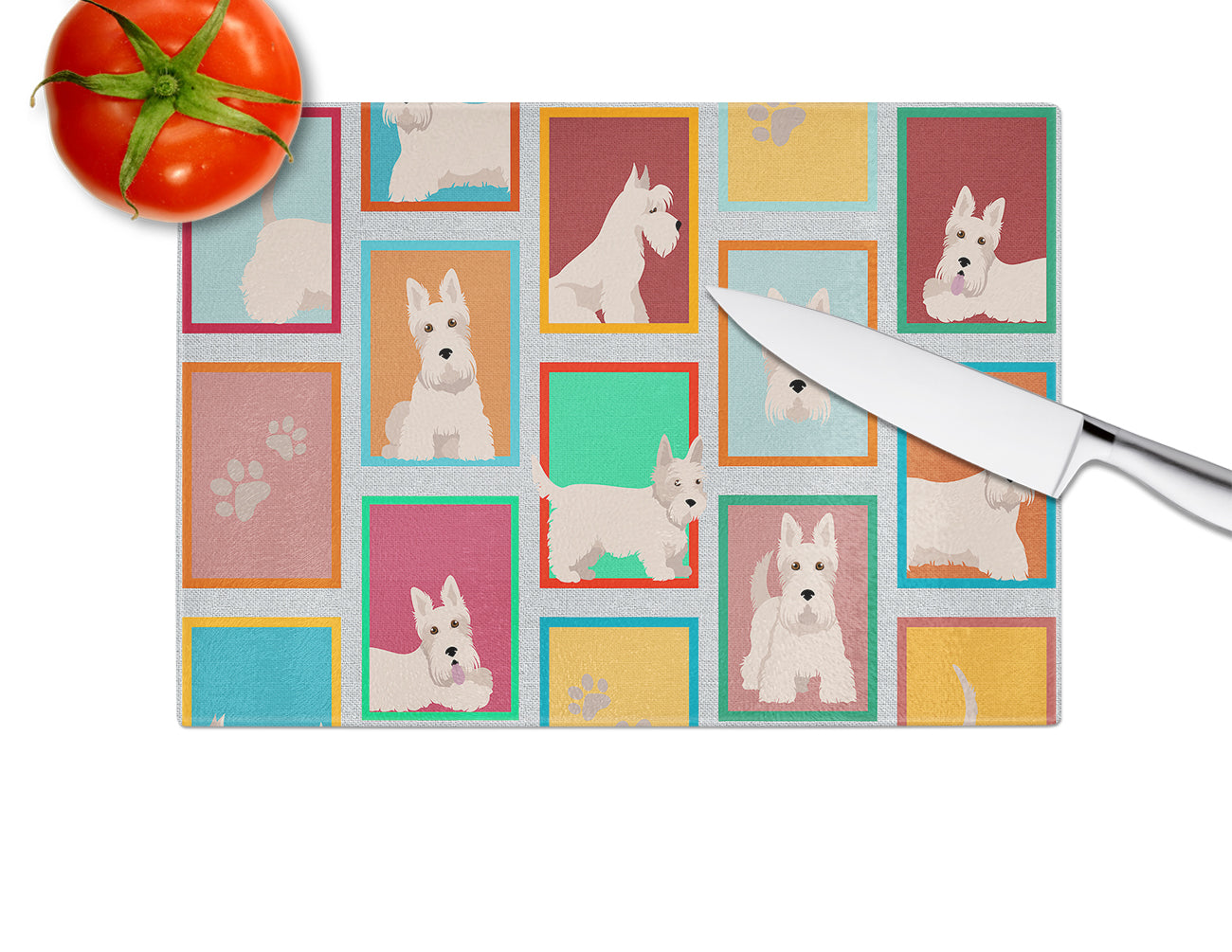 Lots of Wheaten Scottish Terrier Cutting Board Tempered Glass Kitchen Cutting Surface, Heat Resistant Chopping, Non-Slip Feet, Food Prep & Serving