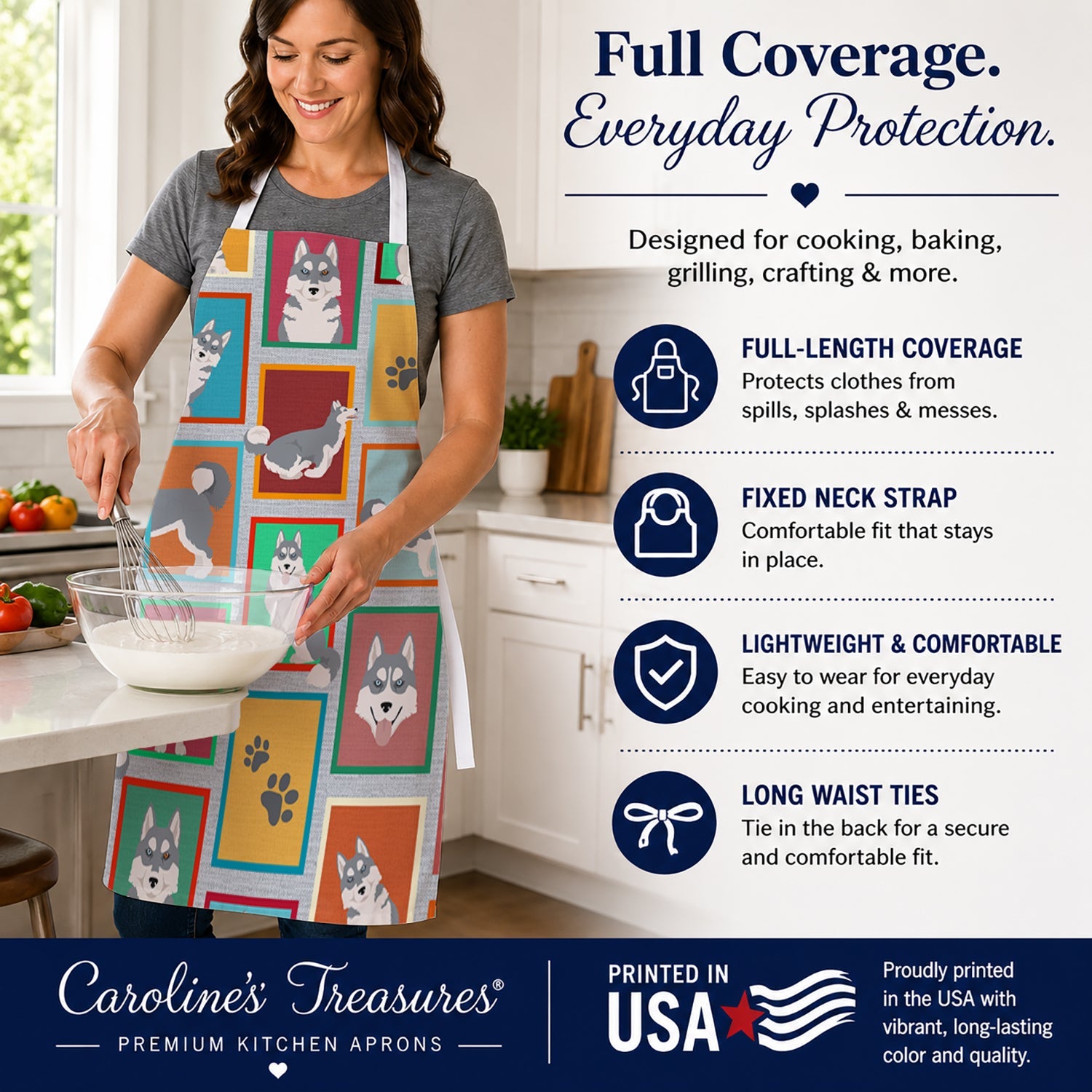 Lots of Grey Siberian Husky Apron Cooking Kitchen Server Baking Crafts Gardening for Adult Women Men, Unisex, Large, Multicolor