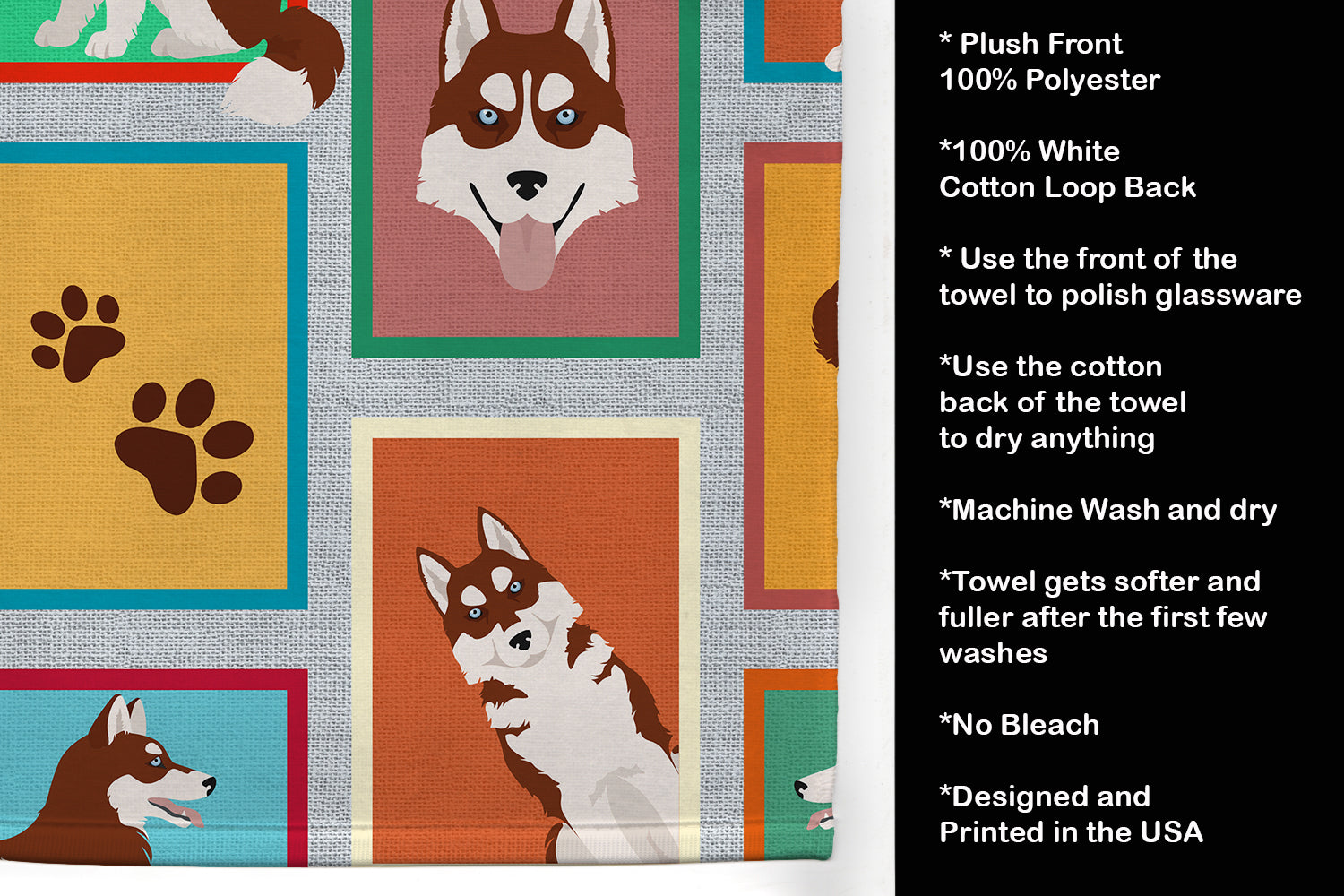 Lots of Red Siberian Husky Kitchen Towel Velour Plush Front and Cotton Loop Back Machine Washable