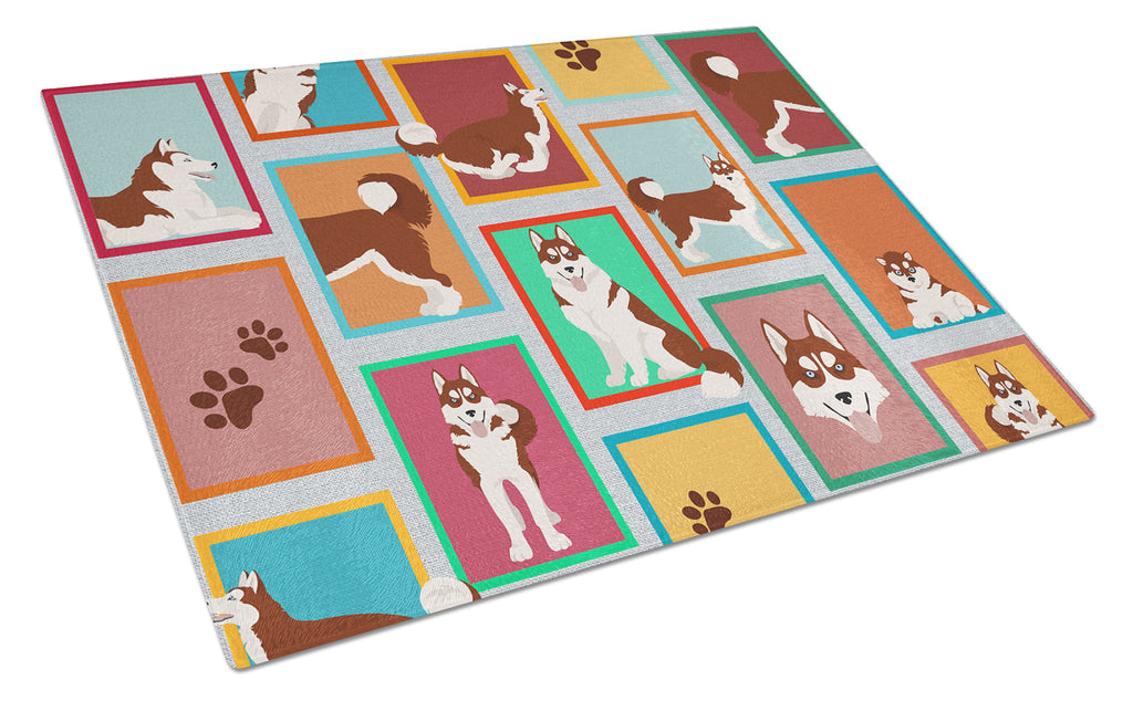 Lots of Red Siberian Husky Cutting Board Tempered Glass Kitchen Cutting Surface, Heat Resistant Chopping, Non-Slip Feet, Food Prep & Serving