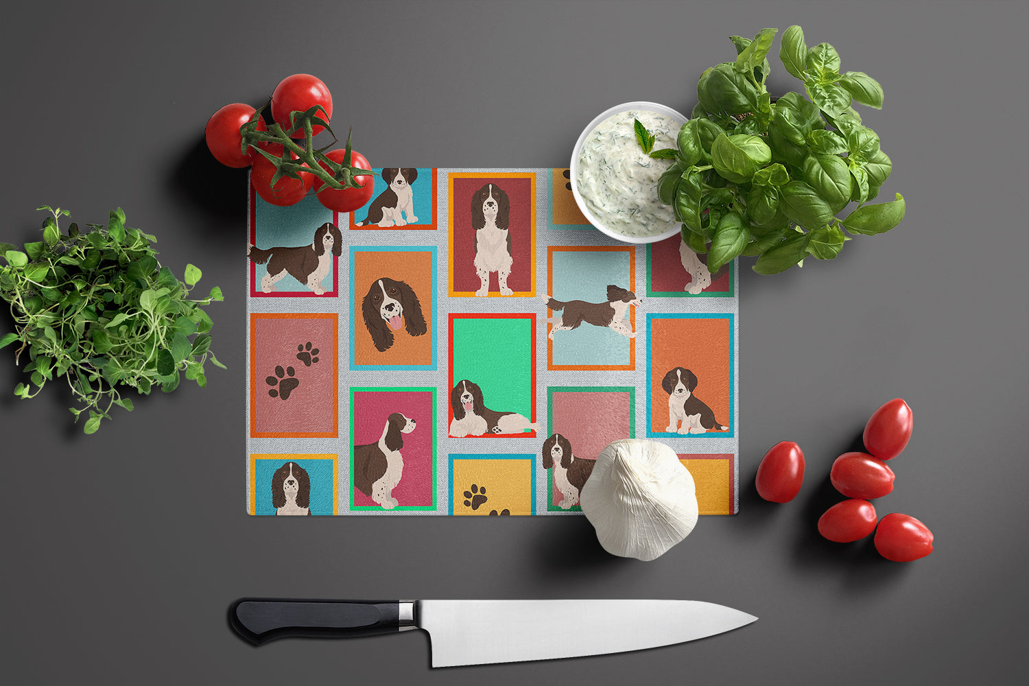 Lots of Liver English Springer Spaniel Cutting Board Tempered Glass Kitchen Cutting Surface, Heat Resistant Chopping, Non-Slip Feet, Food Prep & Serving