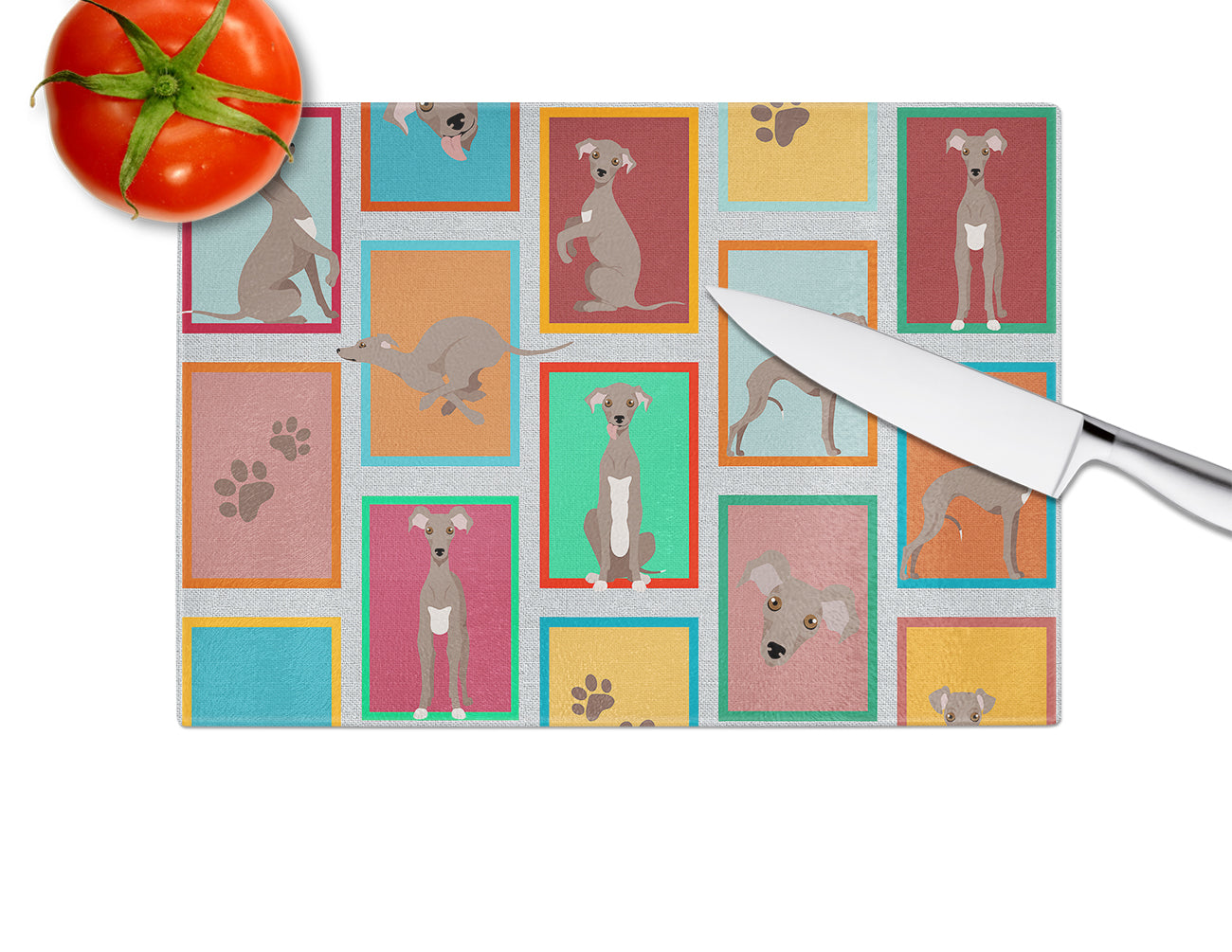Lots of Fawn Italian Greyhound Cutting Board Tempered Glass Kitchen Cutting Surface, Heat Resistant Chopping, Non-Slip Feet, Food Prep & Serving