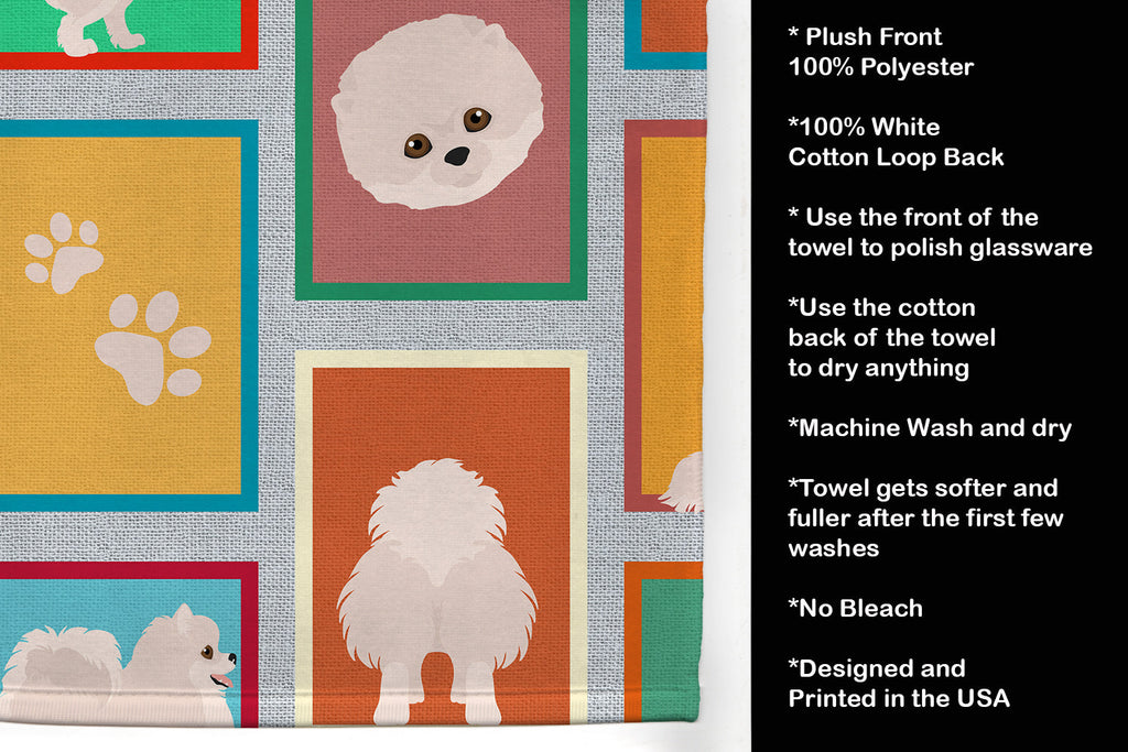Lots of White Pomeranian Kitchen Towel Velour Plush Front and Cotton Loop Back Machine Washable