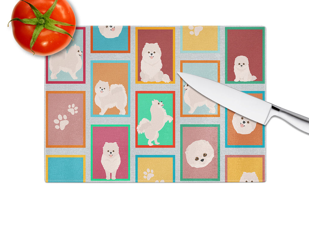 Lots of White Pomeranian Cutting Board Tempered Glass Kitchen Cutting Surface, Heat Resistant Chopping, Non-Slip Feet, Food Prep & Serving