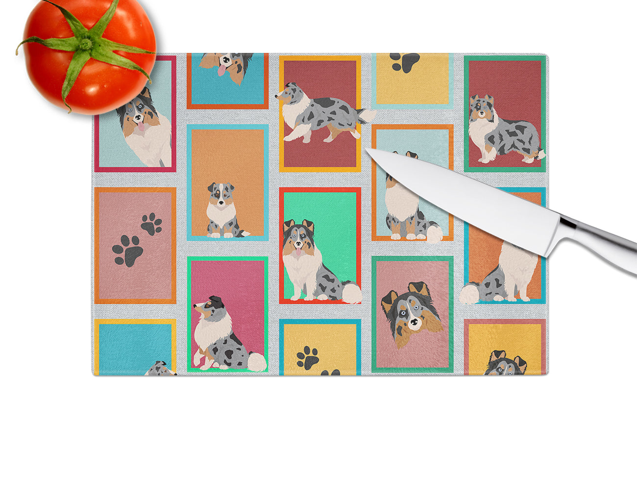 Lots of Blue Merle Sheltie Cutting Board Tempered Glass Kitchen Cutting Surface, Heat Resistant Chopping, Non-Slip Feet, Food Prep & Serving
