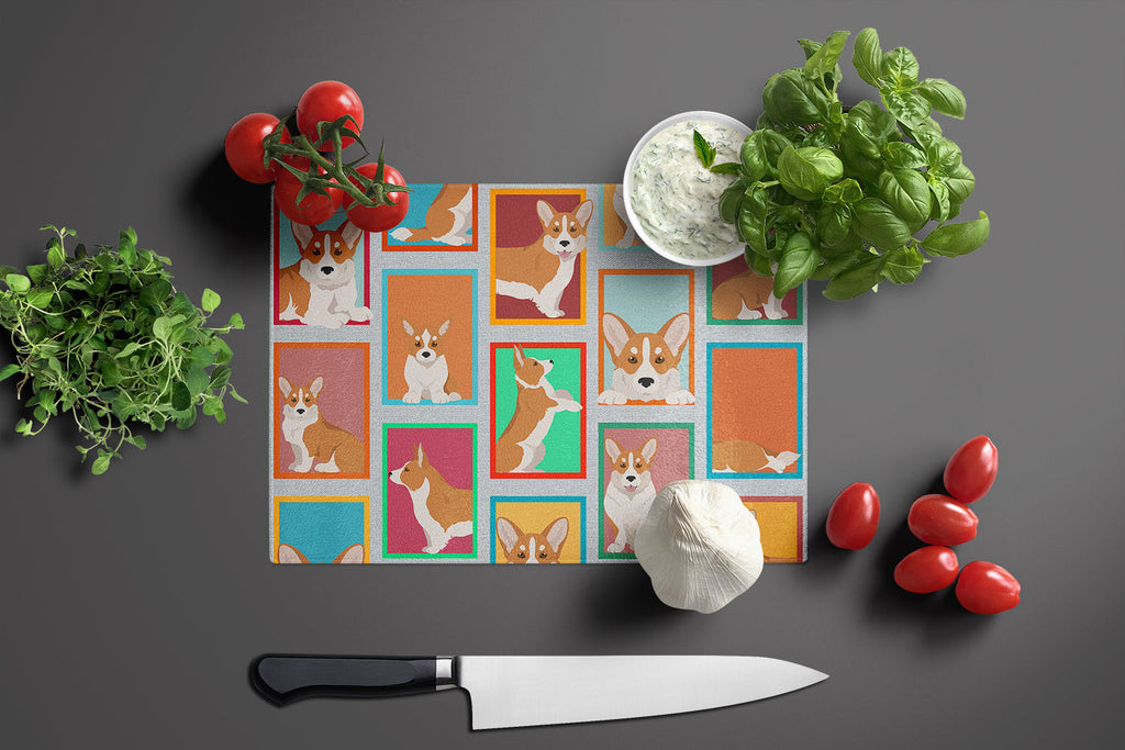 Lots of Red Cardigan Corgi Cutting Board Tempered Glass Kitchen Cutting Surface, Heat Resistant Chopping, Non-Slip Feet, Food Prep & Serving
