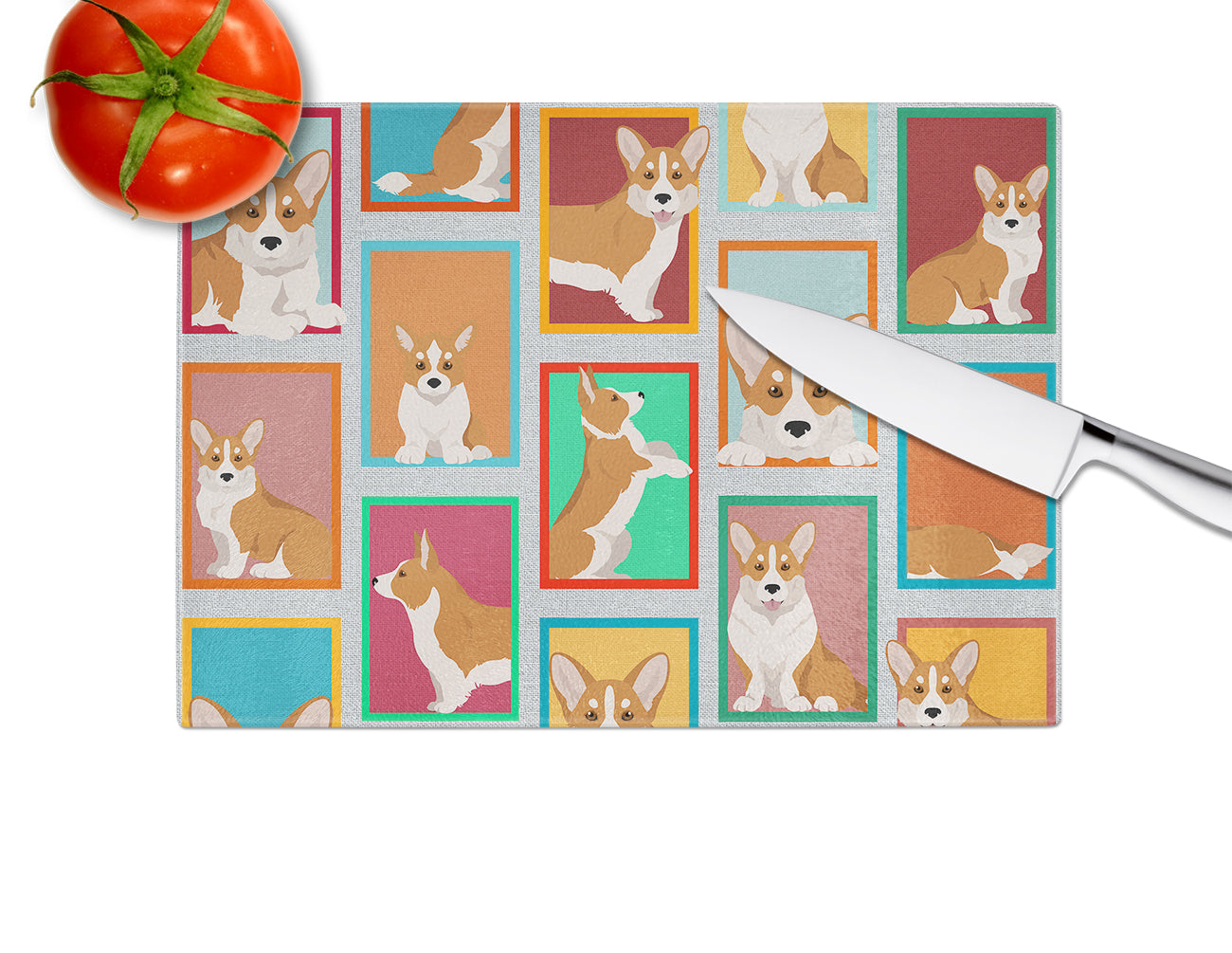 Lots of Red Cardigan Corgi Cutting Board Tempered Glass Kitchen Cutting Surface, Heat Resistant Chopping, Non-Slip Feet, Food Prep & Serving
