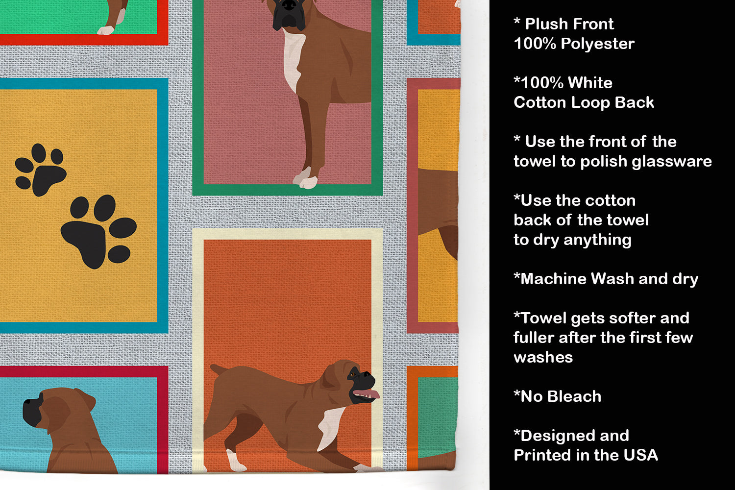 Lots of Black Face Boxer Kitchen Towel Velour Plush Front and Cotton Loop Back Machine Washable
