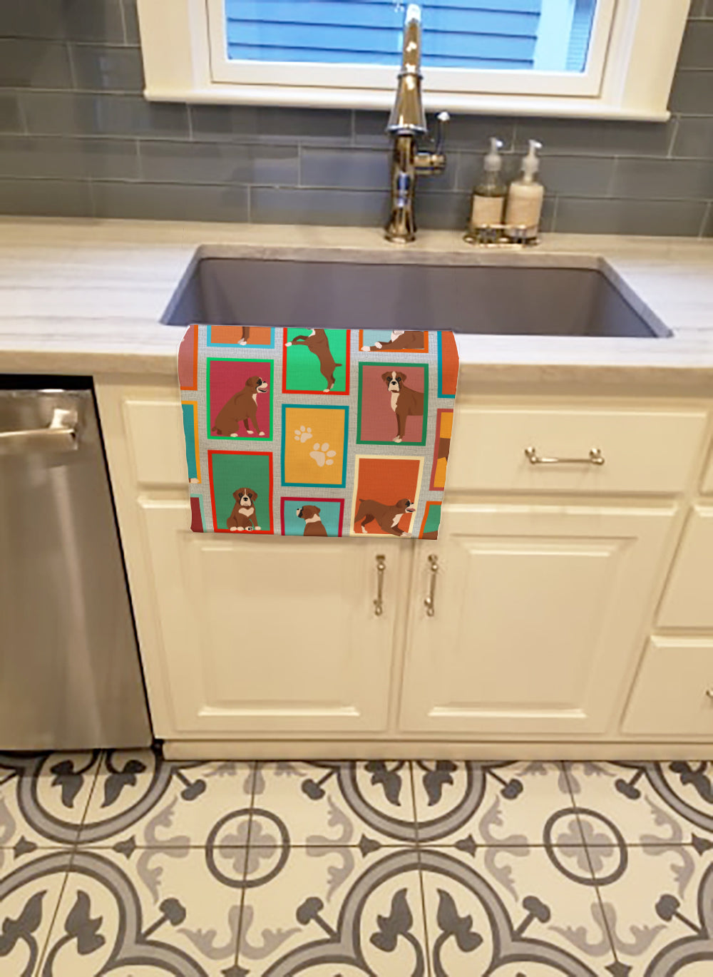 Lots of Flashy Fawn Boxer Kitchen Towel Velour Plush Front and Cotton Loop Back Machine Washable