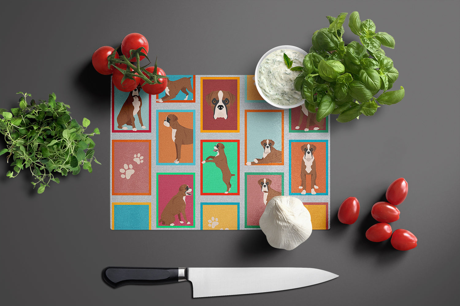 Lots of Flashy Fawn Boxer Cutting Board Tempered Glass Kitchen Cutting Surface, Heat Resistant Chopping, Non-Slip Feet, Food Prep & Serving