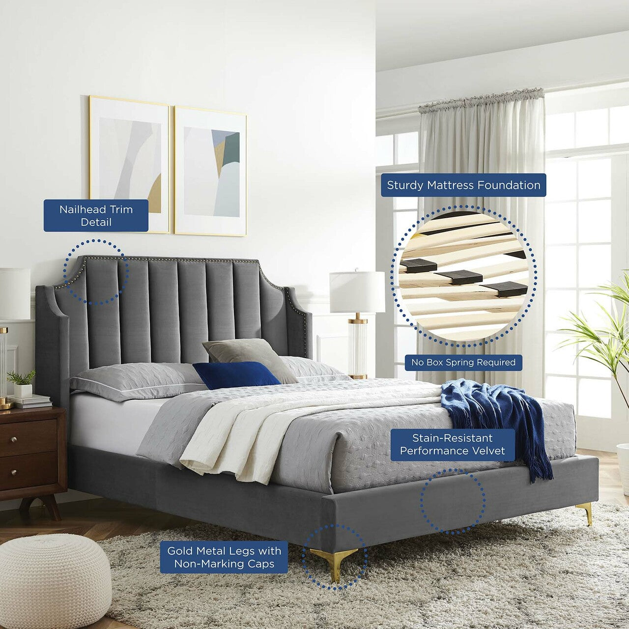 Daniella Performance Velvet Queen Platform Bed by Modway