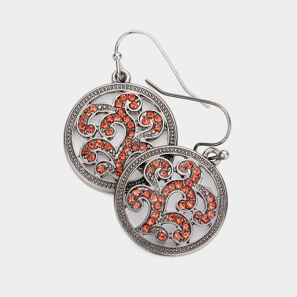 Rhinestone Embellished Metal Round Dangle Earrings