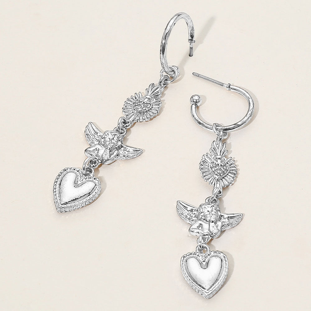 Rhinestone Paved Heart Vintage Angel Drop Earrings