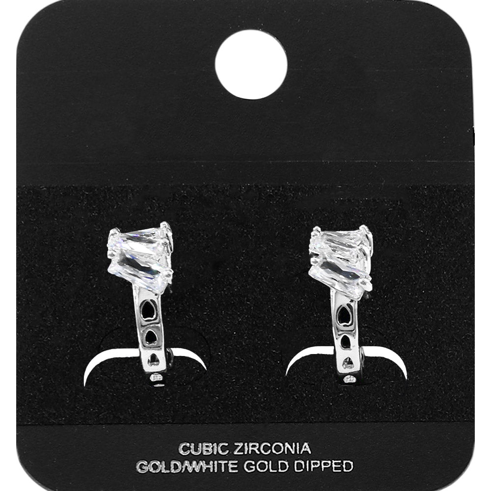 White Gold Dipped Triple Baguette Cut CZ Cluster Accent Mini Open Hoop Earrings