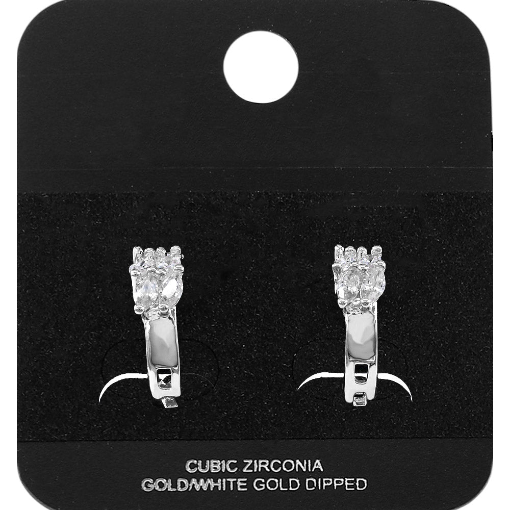 White Gold Dipped Marquise CZ Cluster Accent Mini Open Hoop Earrings