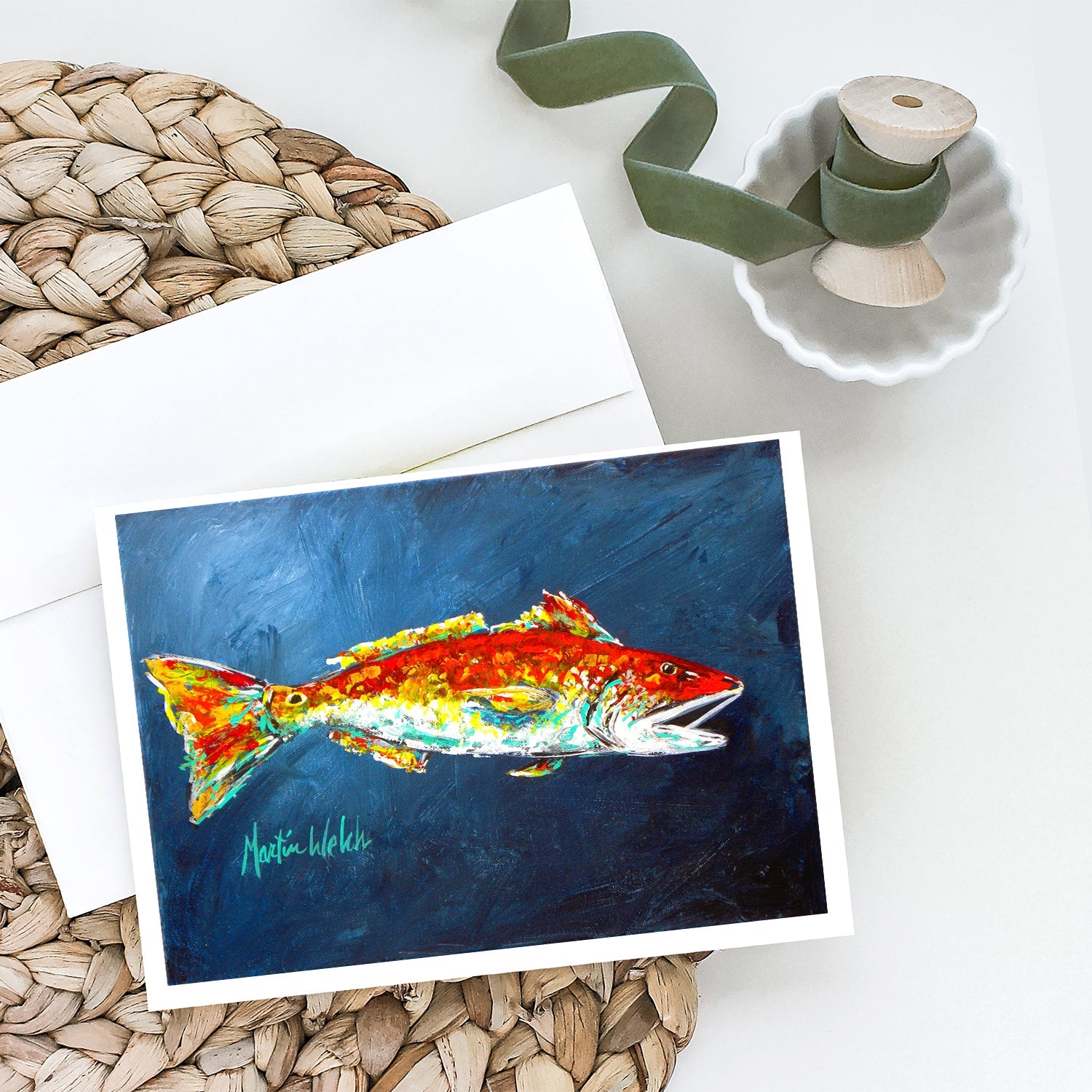 Fish - Red Fish Red for Jarett Greeting Cards Pack of 8 Blank Cards with Envelopes Whimsical A7 Size 5x7