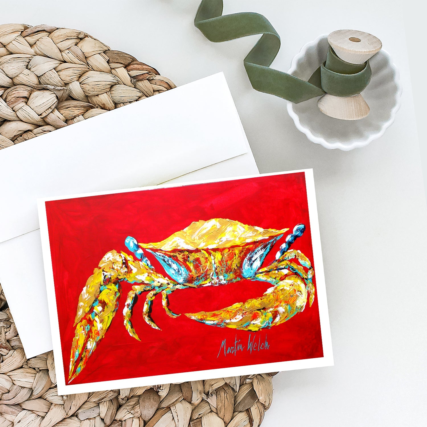 Crab Blue on Red, Sr Greeting Cards Pack of 8 Blank Cards with Envelopes Whimsical A7 Size 5x7