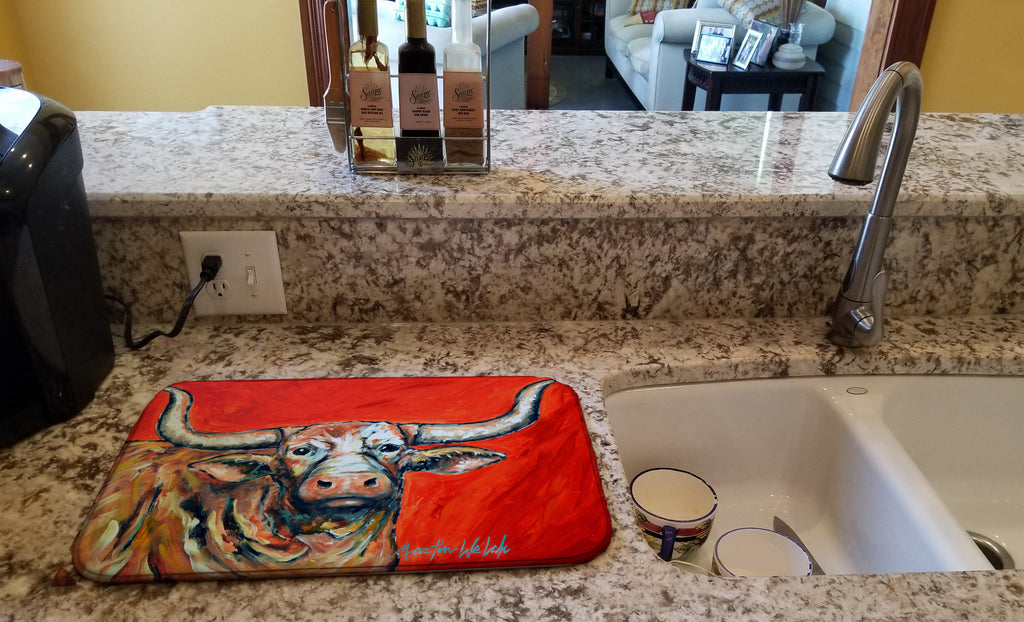 See Red Longhorn Cow Dish Drying Mat Absorbent Dish Drying Mat Pad for Kitchen Counter Dish Drainer Mat for Countertop, 14 x 21", Multicolor