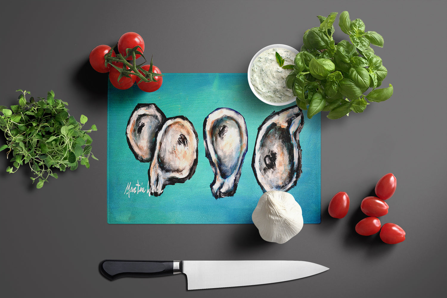 Four Oyster Shells on Board Cutting Board Tempered Glass Kitchen Cutting Surface, Heat Resistant Chopping, Non-Slip Feet, Food Prep & Serving