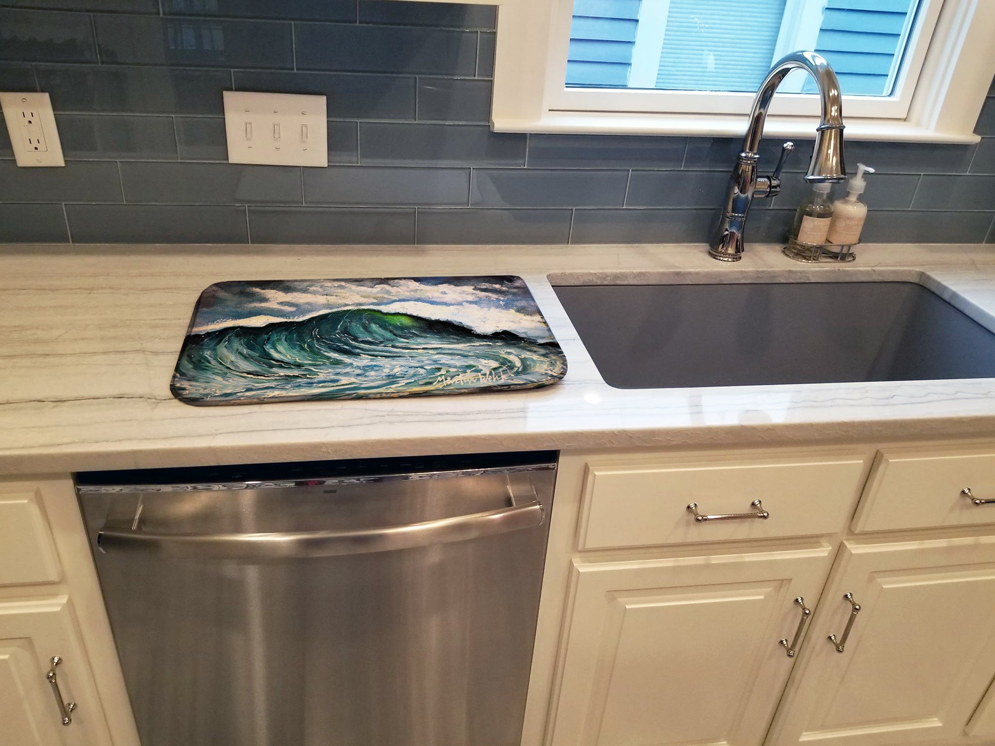 Big Blue Wave Dish Drying Mat Absorbent Dish Drying Mat Pad for Kitchen Counter Dish Drainer Mat for Countertop, 14 x 21", Multicolor
