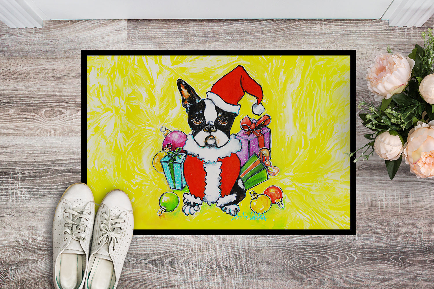 Boston Terrier Stinker That Stole Christmas Doormat Indoor Outdoor 24H X 36W Front Door Mat Rugs for Entryway, Non Slip Washable Low Pile,