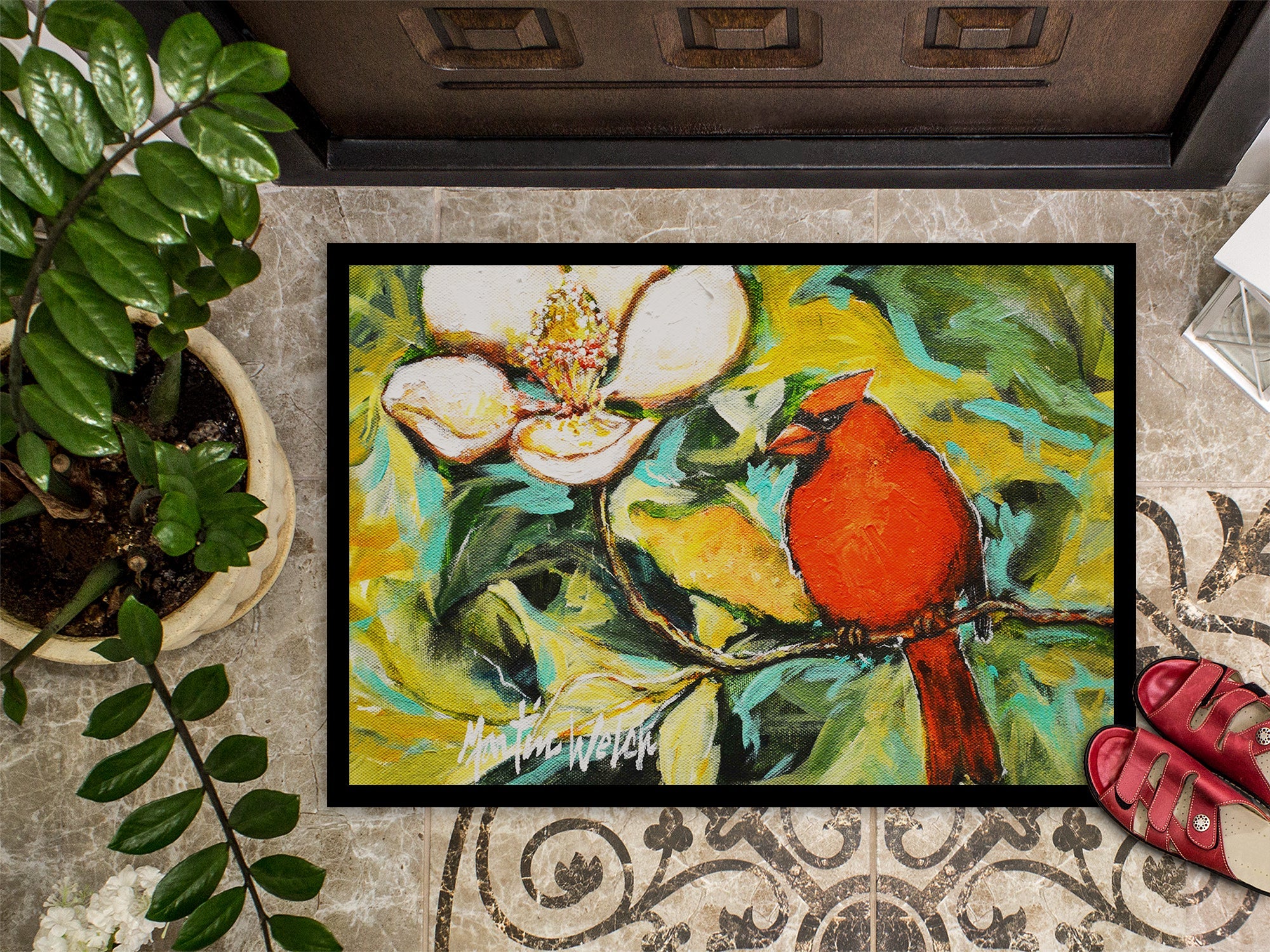 Cardinal with Magnolia Doormat Indoor Outdoor 24H X 36W Front Door Mat Rugs for Entryway, Non Slip Washable Low Pile,