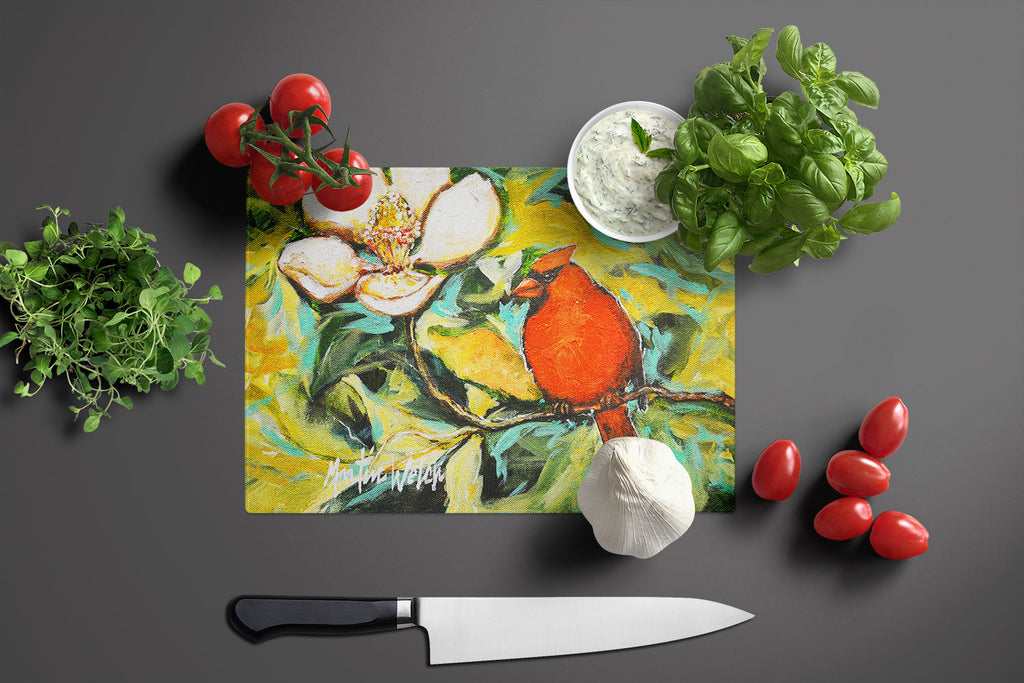 Cardinal with Magnolia Cutting Board Tempered Glass Kitchen Cutting Surface, Heat Resistant Chopping, Non-Slip Feet, Food Prep & Serving