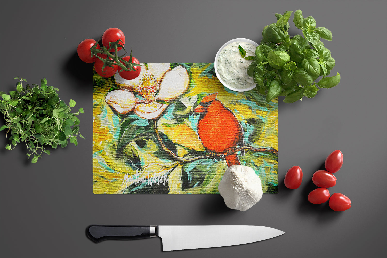 Cardinal with Magnolia Cutting Board Tempered Glass Kitchen Cutting Surface, Heat Resistant Chopping, Non-Slip Feet, Food Prep & Serving