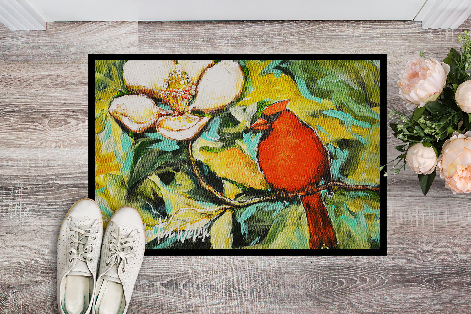 Cardinal with Magnolia Doormat Indoor Outdoor 18H X 27W Front Door Mat Rugs for Entryway, Non Slip Washable