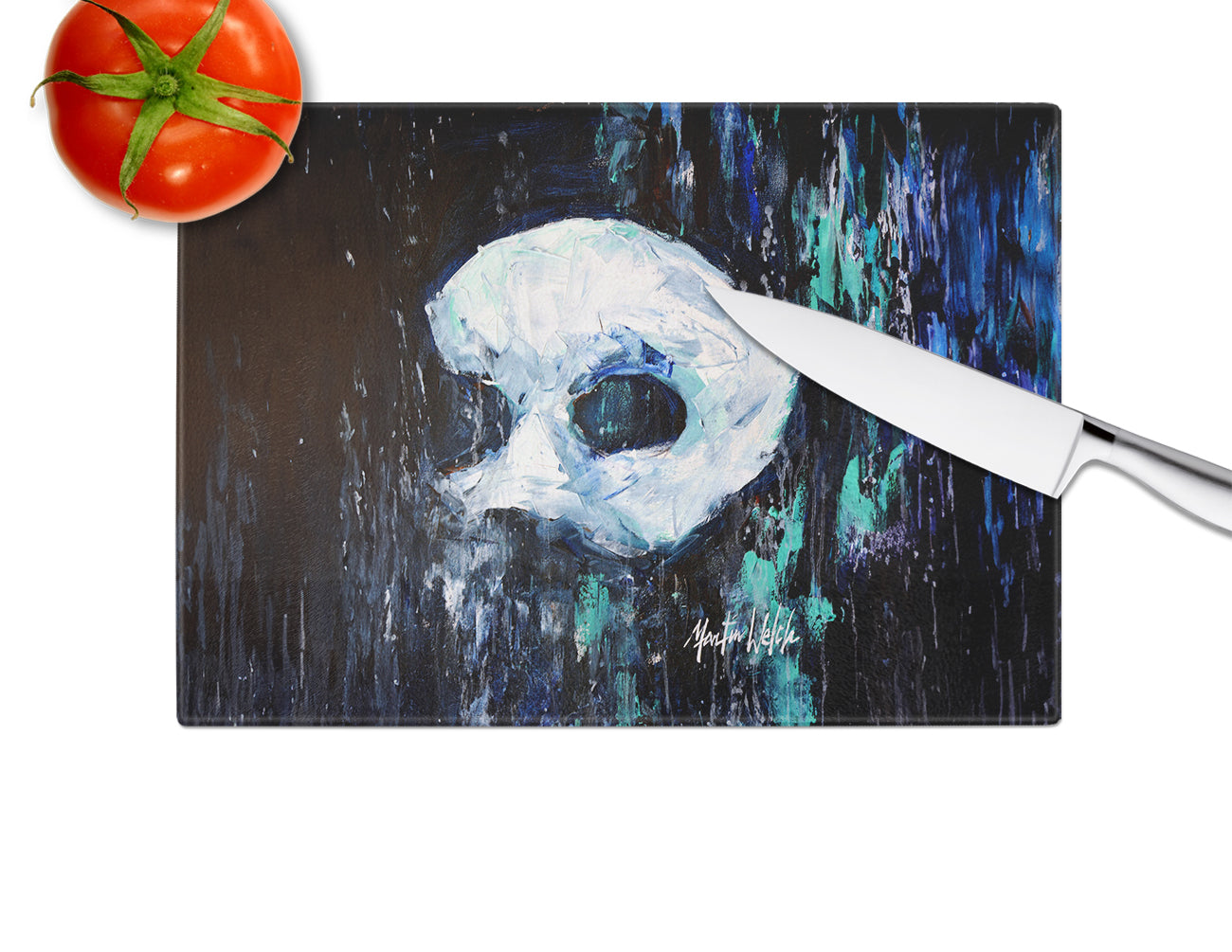Cryptic Mask Cutting Board Tempered Glass Kitchen Cutting Surface, Heat Resistant Chopping, Non-Slip Feet, Food Prep & Serving