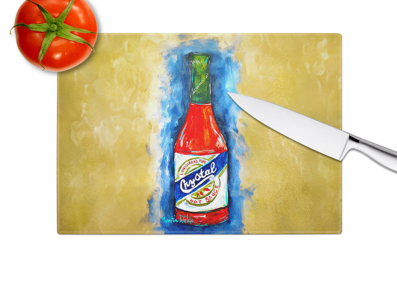 Hot Sauce Crystal Blue Cutting Board Tempered Glass Kitchen Cutting Surface, Heat Resistant Chopping, Non-Slip Feet, Food Prep & Serving