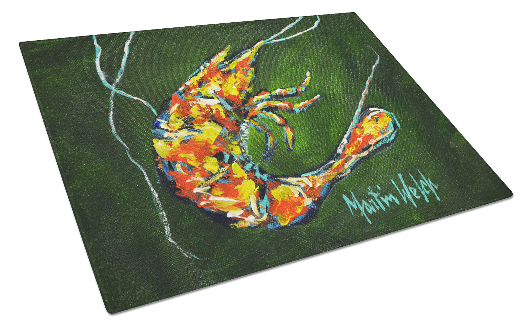 Green Waters Shrimp Cutting Board Tempered Glass Kitchen Cutting Surface, Heat Resistant Chopping, Non-Slip Feet, Food Prep & Serving