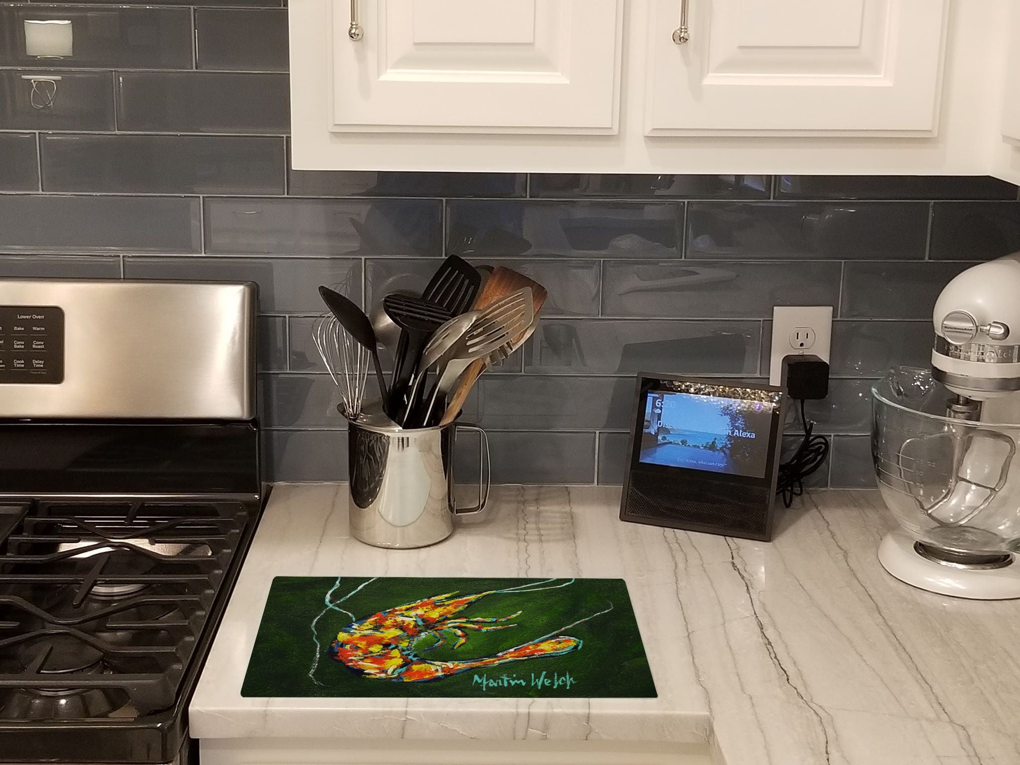 Green Waters Shrimp Cutting Board Tempered Glass Kitchen Cutting Surface, Heat Resistant Chopping, Non-Slip Feet, Food Prep & Serving