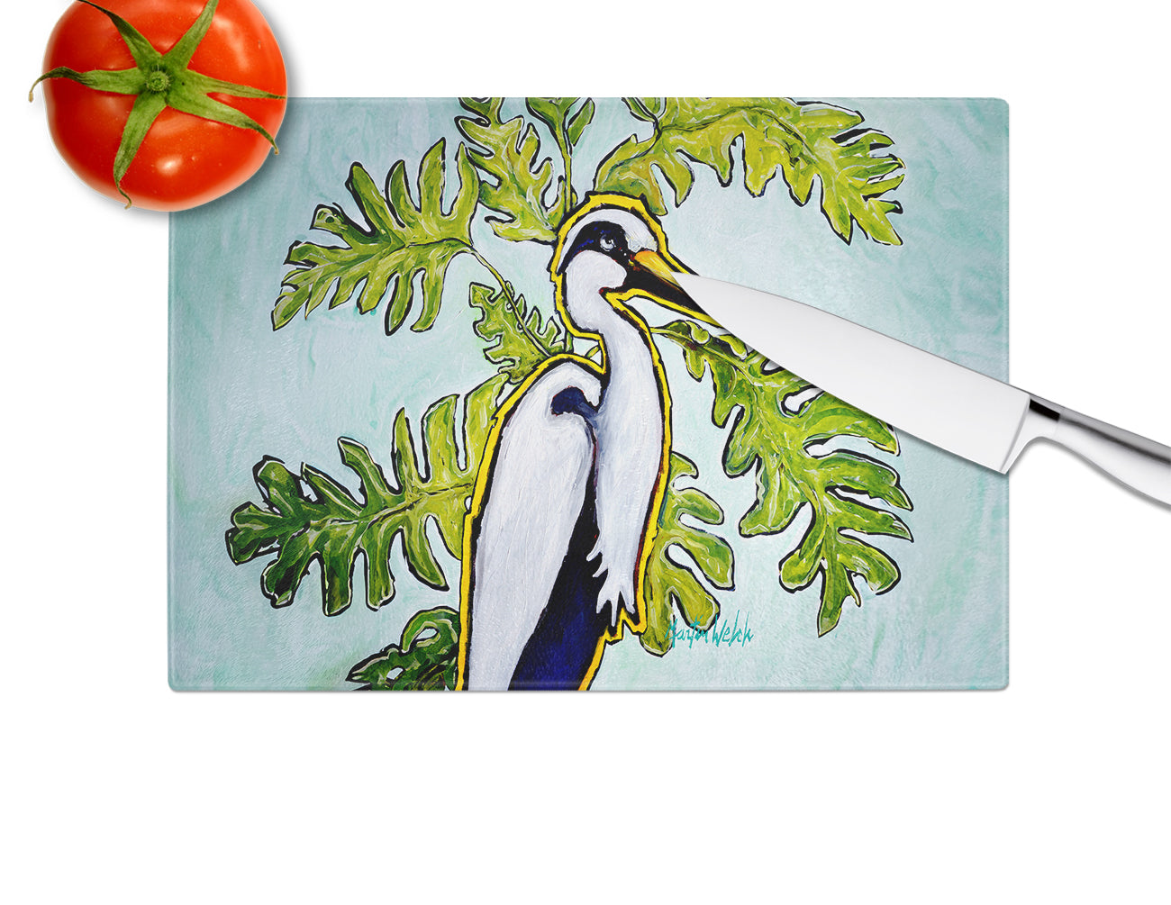 Jungle Fever Heron Cutting Board Tempered Glass Kitchen Cutting Surface, Heat Resistant Chopping, Non-Slip Feet, Food Prep & Serving