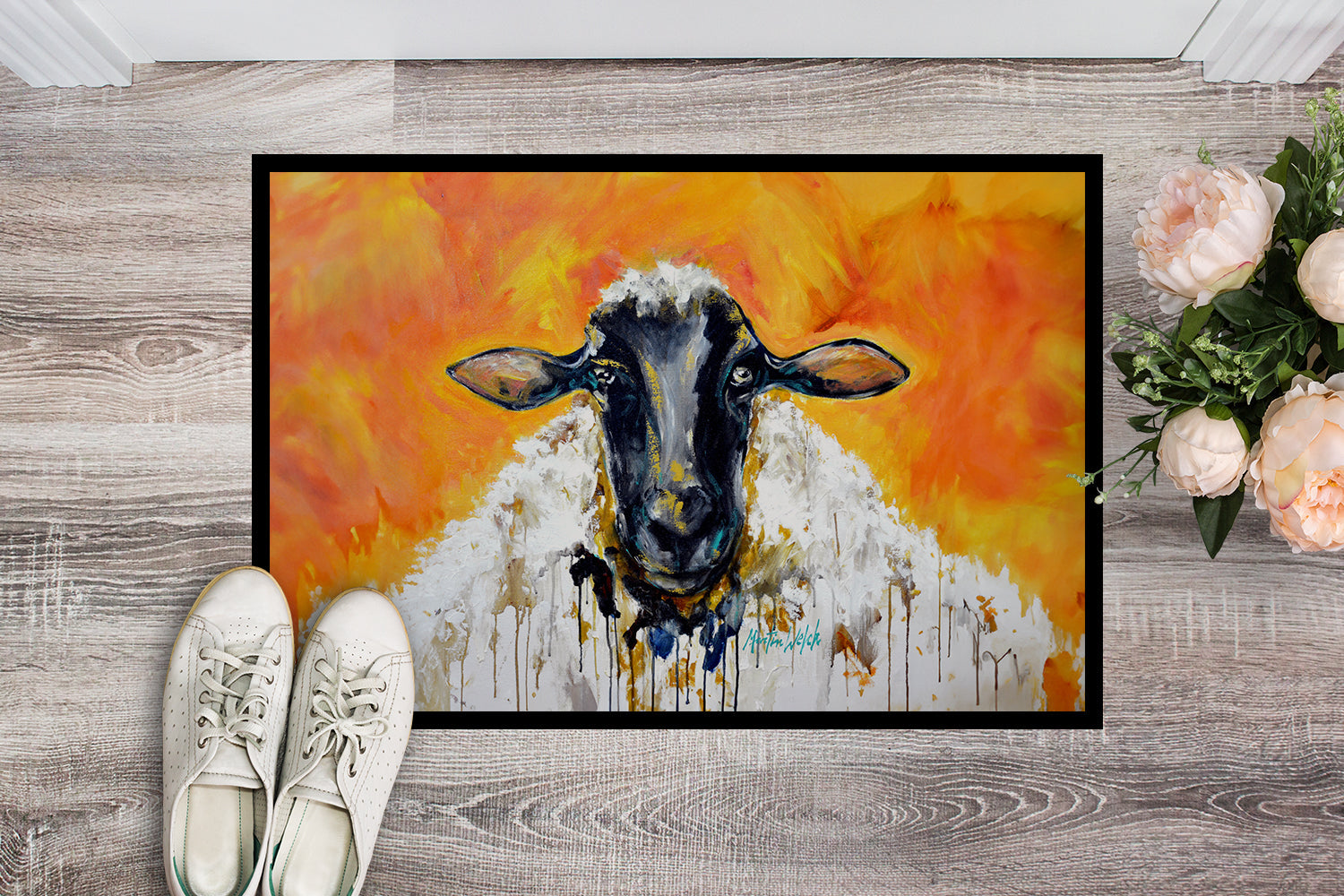 Peach Wool Sheep Doormat Indoor Outdoor 24H X 36W Front Door Mat Rugs for Entryway, Non Slip Washable Low Pile,