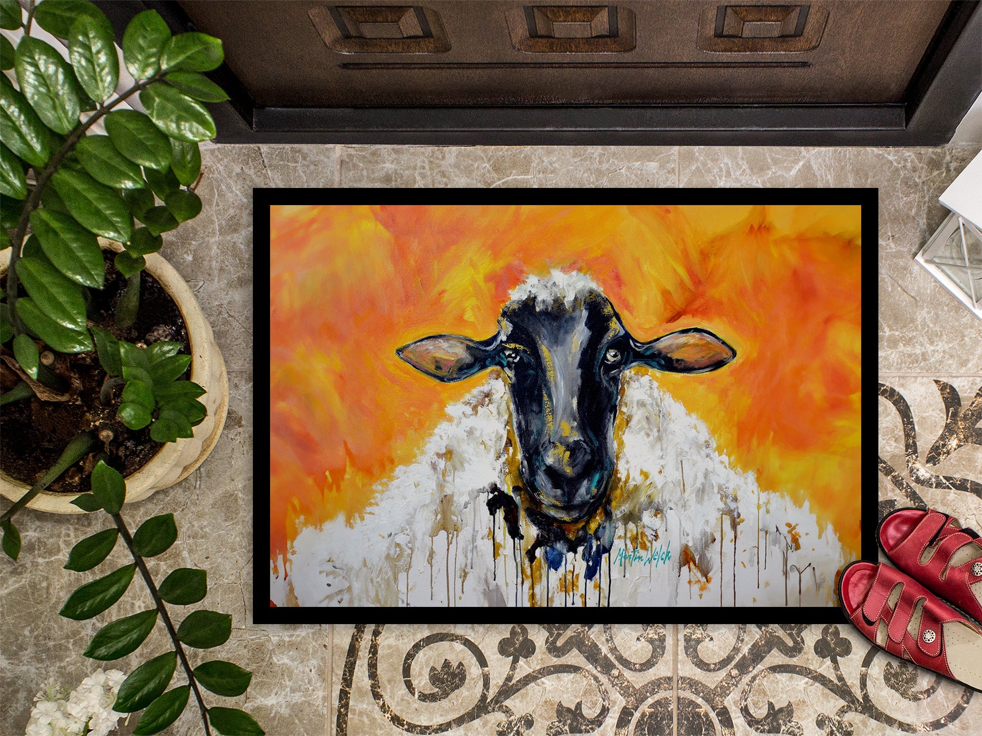 Peach Wool Sheep Doormat Indoor Outdoor 24H X 36W Front Door Mat Rugs for Entryway, Non Slip Washable Low Pile,