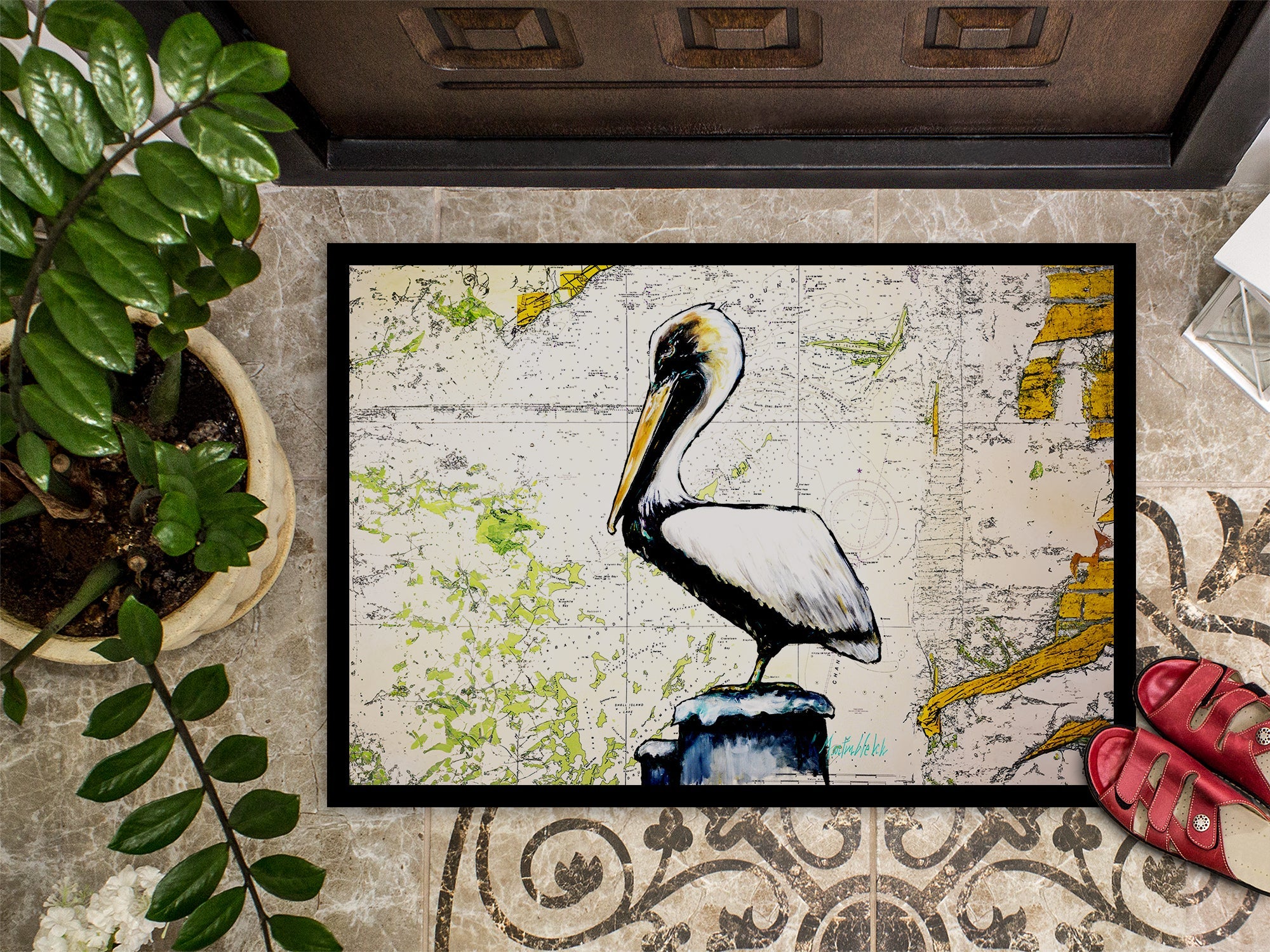Pelican on Map Doormat Indoor Outdoor 18H X 27W Front Door Mat Rugs for Entryway, Non Slip Washable