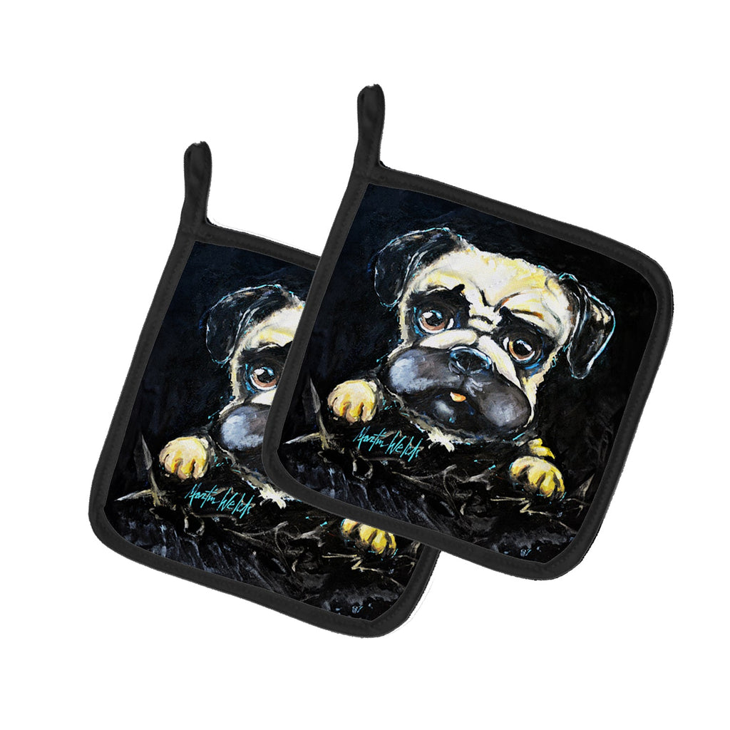 Pug It Out Pot Holder Set of 2 Heat Resistant Quilted Hot Pads 7.5 x 7.5 Inch, Insulated Kitchen Trivets for Cooking & Baking