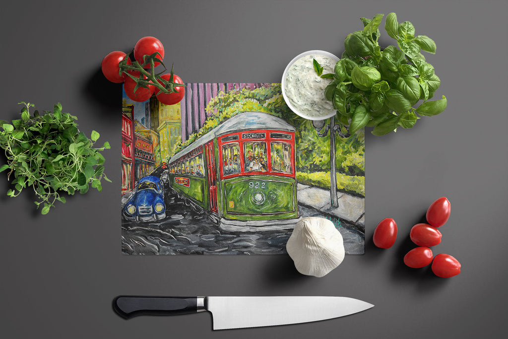 Saint Charles No. 922 Streetcar Again Cutting Board Tempered Glass Kitchen Cutting Surface, Heat Resistant Chopping, Non-Slip Feet, Food Prep & Serving