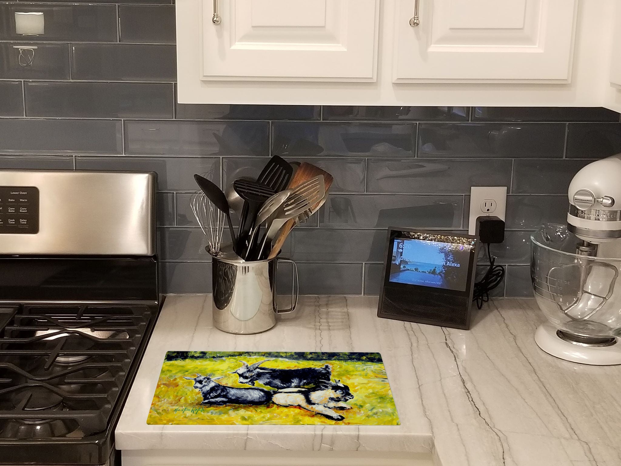 Scooter Pooter and Tooter Goats Cutting Board Tempered Glass Kitchen Cutting Surface, Heat Resistant Chopping, Non-Slip Feet, Food Prep & Serving