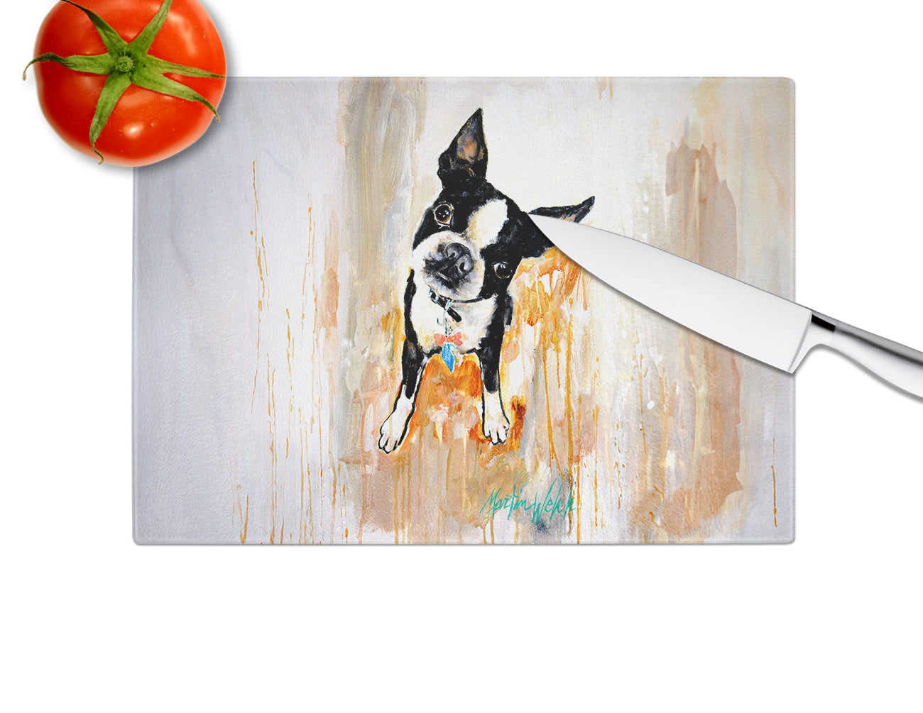Boston Terrier Scout Cutting Board Tempered Glass Kitchen Cutting Surface, Heat Resistant Chopping, Non-Slip Feet, Food Prep & Serving