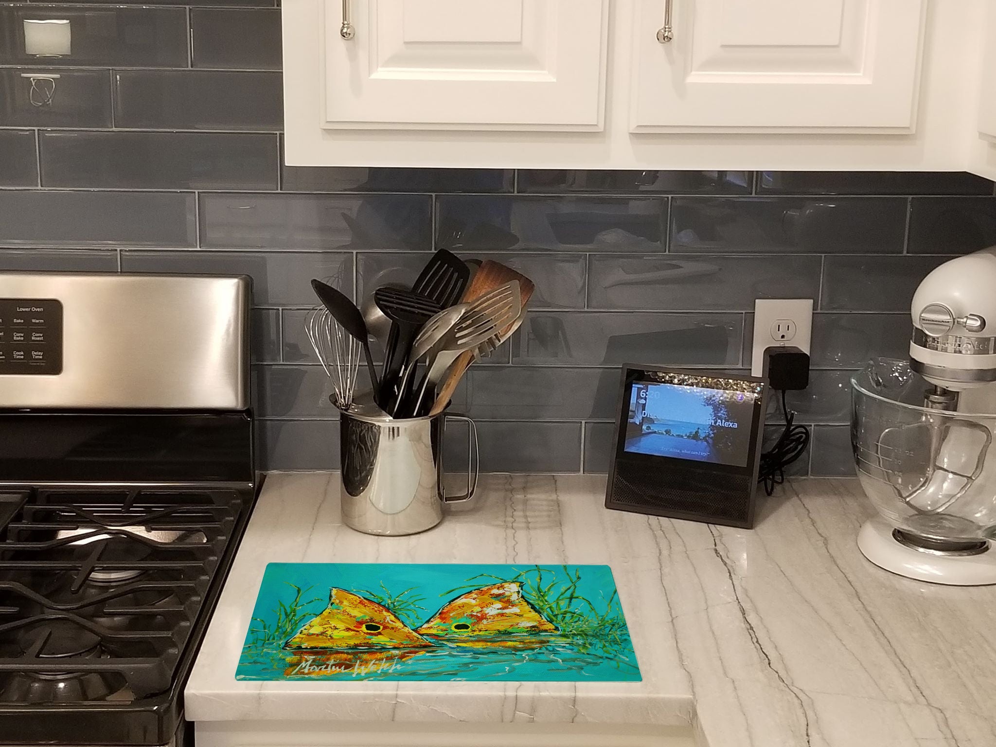 Side By Side Red Fish Cutting Board Tempered Glass Kitchen Cutting Surface, Heat Resistant Chopping, Non-Slip Feet, Food Prep & Serving
