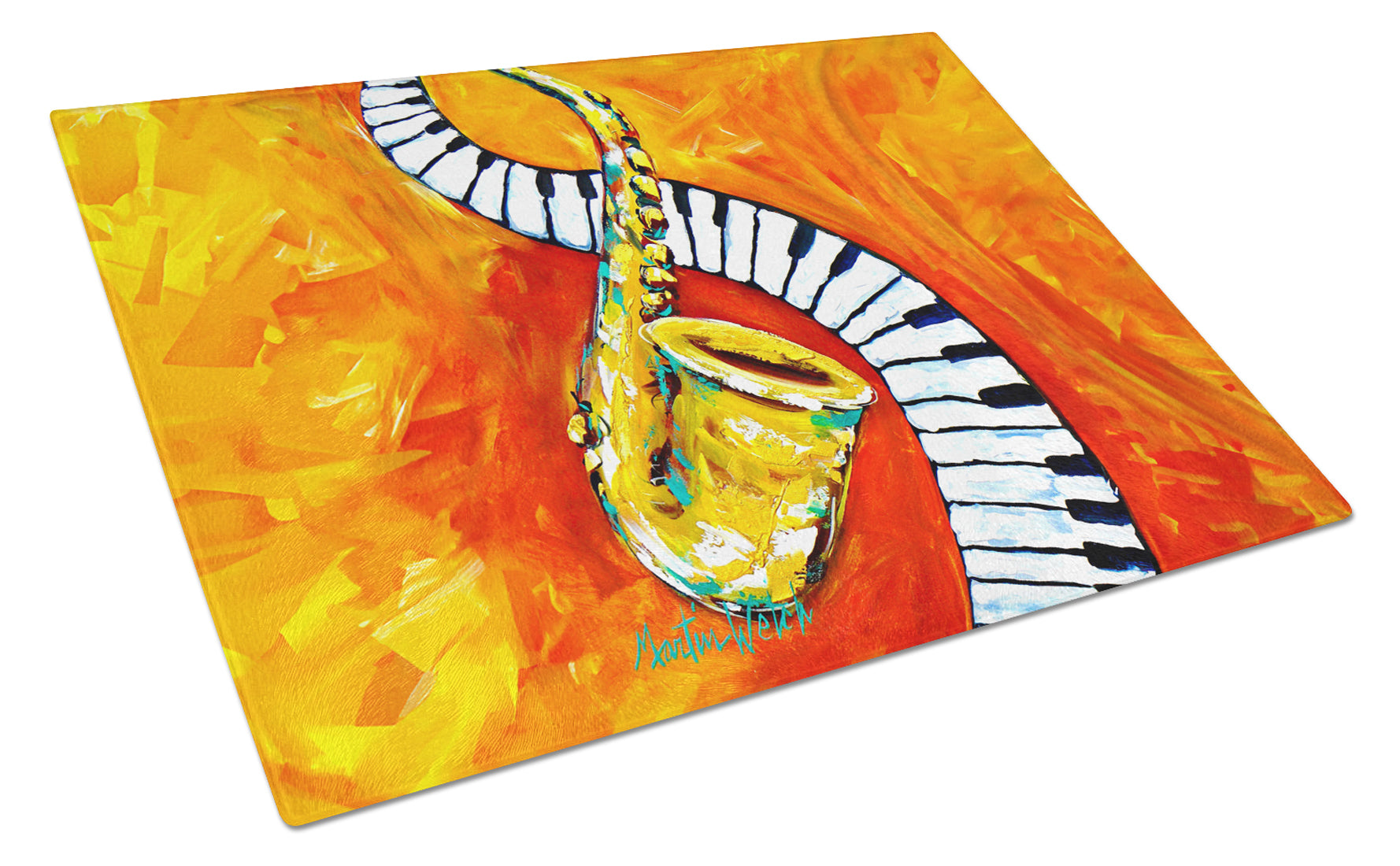 Something Blues Saxaphone and Piano Cutting Board Tempered Glass Kitchen Cutting Surface, Heat Resistant Chopping, Non-Slip Feet, Food Prep & Serving