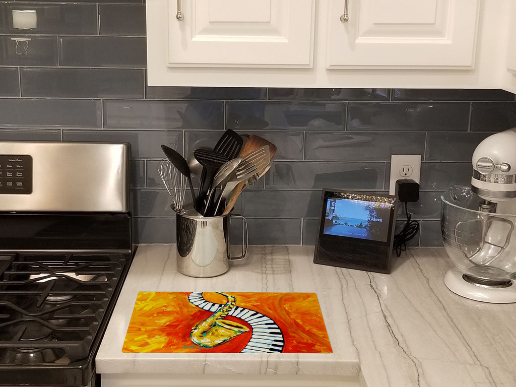 Something Blues Saxaphone and Piano Cutting Board Tempered Glass Kitchen Cutting Surface, Heat Resistant Chopping, Non-Slip Feet, Food Prep & Serving