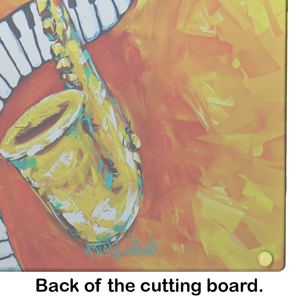Something Blues Saxaphone and Piano Cutting Board Tempered Glass Kitchen Cutting Surface, Heat Resistant Chopping, Non-Slip Feet, Food Prep & Serving